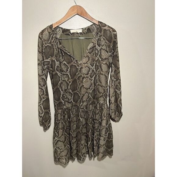 Michael Kors Snake Print Dress Small Long Sleeve Pleats Neck Tie Brown - Picture 2 of 6